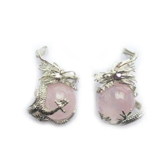 1 Pc Rose Quartz Gemstone and Tibetan Silver Dragon 35X20mm Charms Pendants