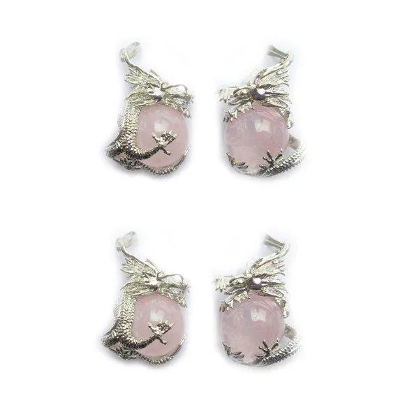 1 Pc Rose Quartz Gemstone and Tibetan Silver Dragon 35X20mm Charms Pendants