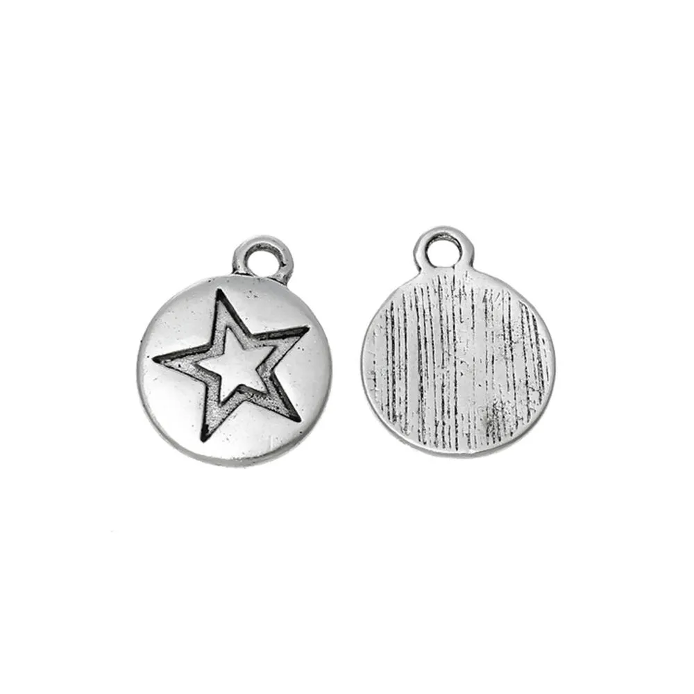 10 Pcs Tibetan Silver PENTAGRAM STAR CARVED ROUND DISC 14mm x 11mm Charms Pendants, Lead & Nickel Free Metal Charms Pendants Beads