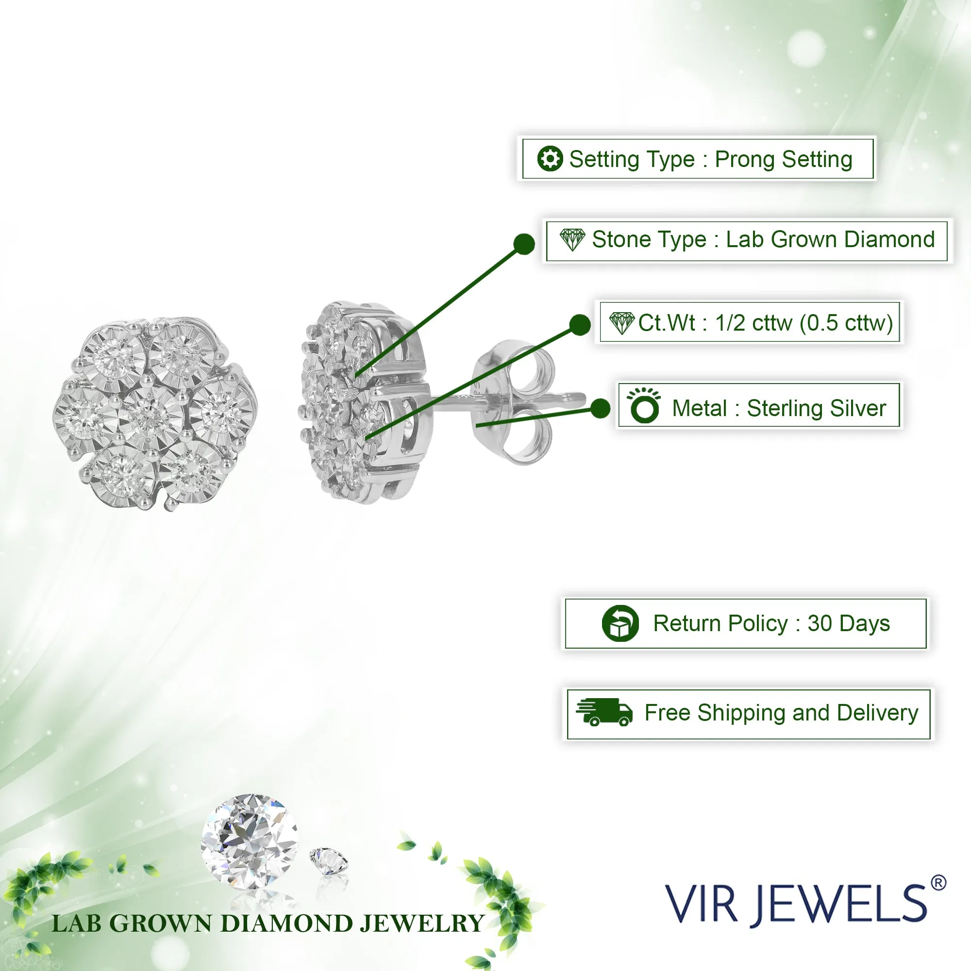 1/2 cttw Round Cut Lab Grown Diamond Stud Earrings .925 Sterling Silver Prong Set Push Backs