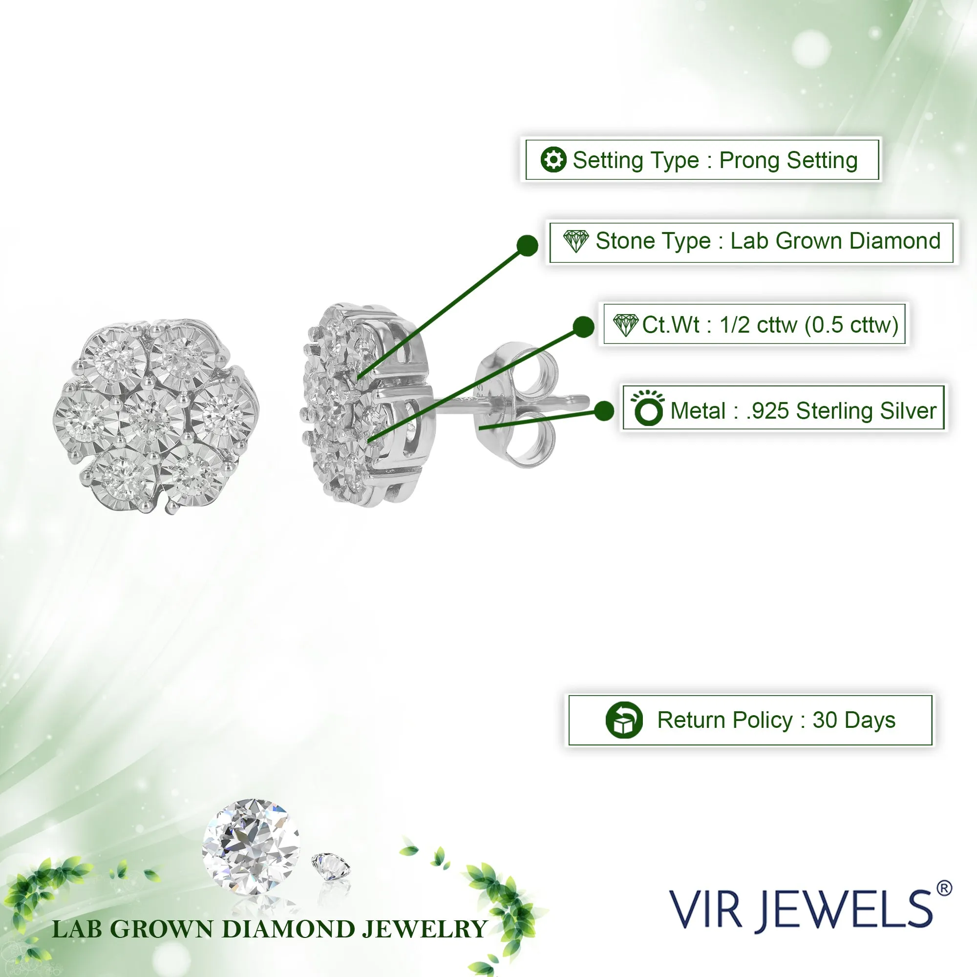 1/2 cttw Round Cut Lab Grown Diamond Stud Earrings .925 Sterling Silver Prong Set Push Backs