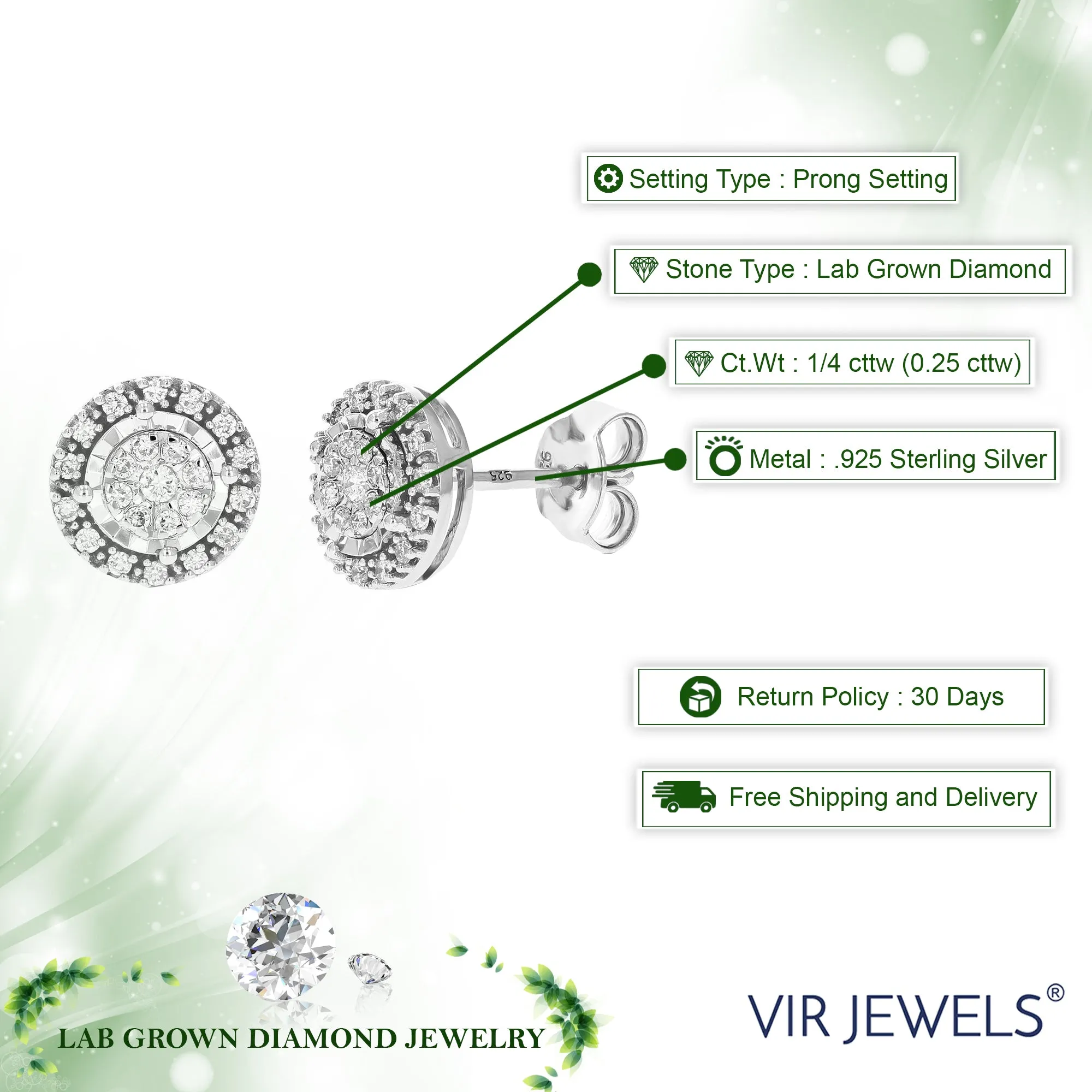 1/4 cttw 46 Stones Round Lab Grown Diamond Studs Earrings .925 Sterling Silver Prong Set Round Shape