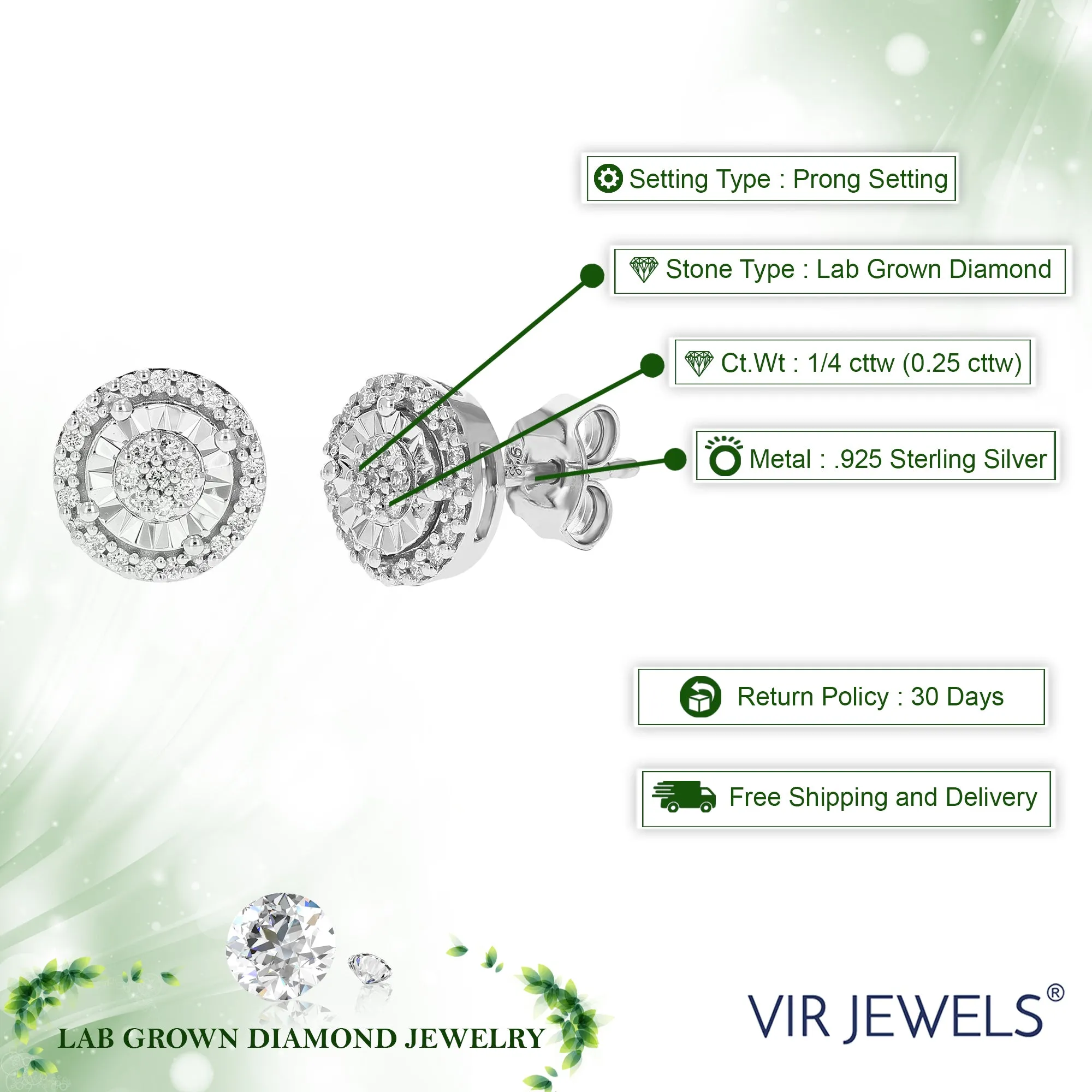 1/4 cttw 50 Stones Round Lab Grown Diamond Studs Earrings .925 Sterling Silver Prong Set Round Shape