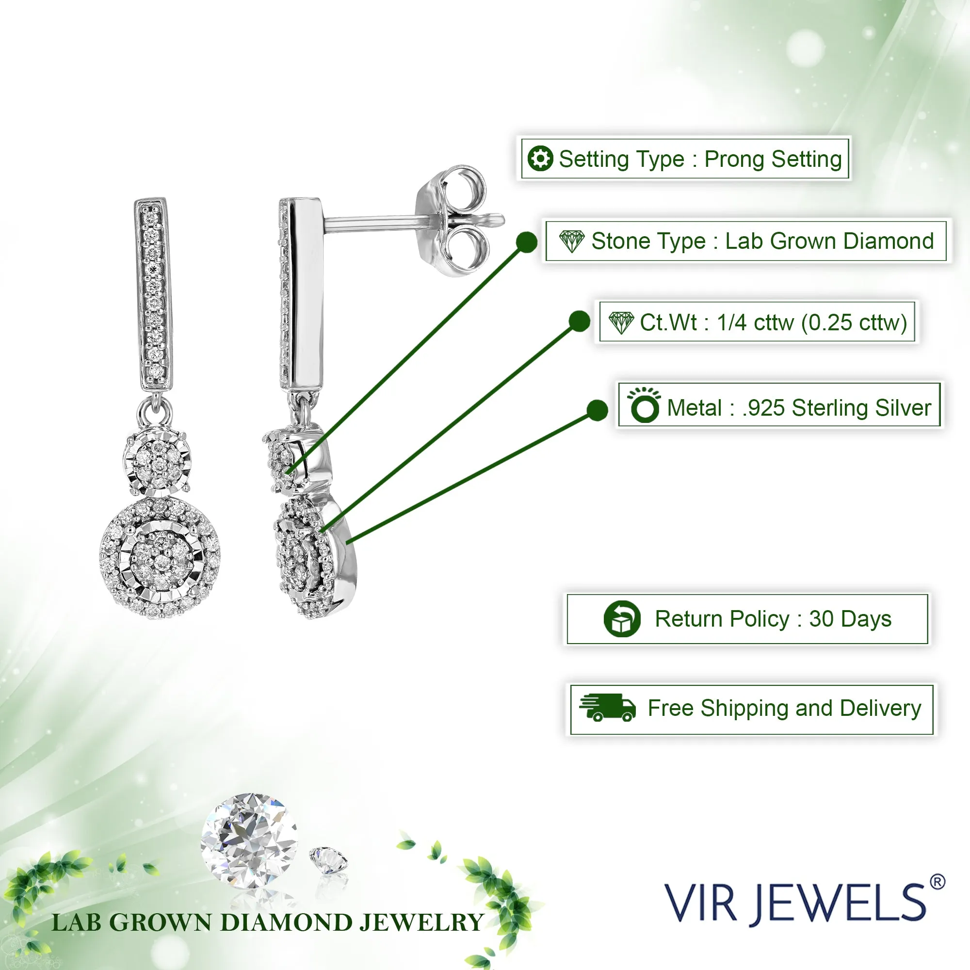 1/4 cttw 82 Stones Round Lab Grown Diamond Dangle Earrings .925 Sterling Silver Prong Set, 1/2 Inch