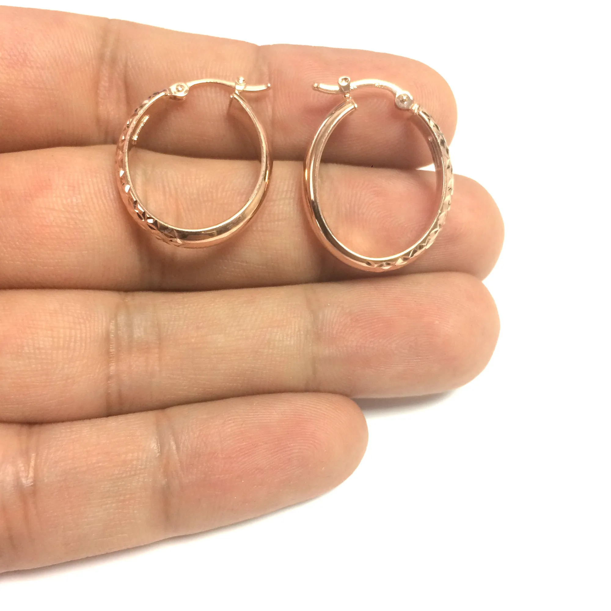 14K Rose Gold Hammered Polished  Oval Hoop Earrings