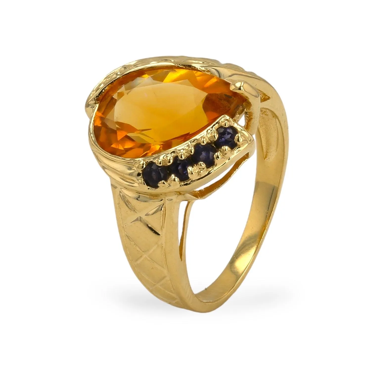 14K Yellow gold Pear Honey citrine with blue sapphire ring