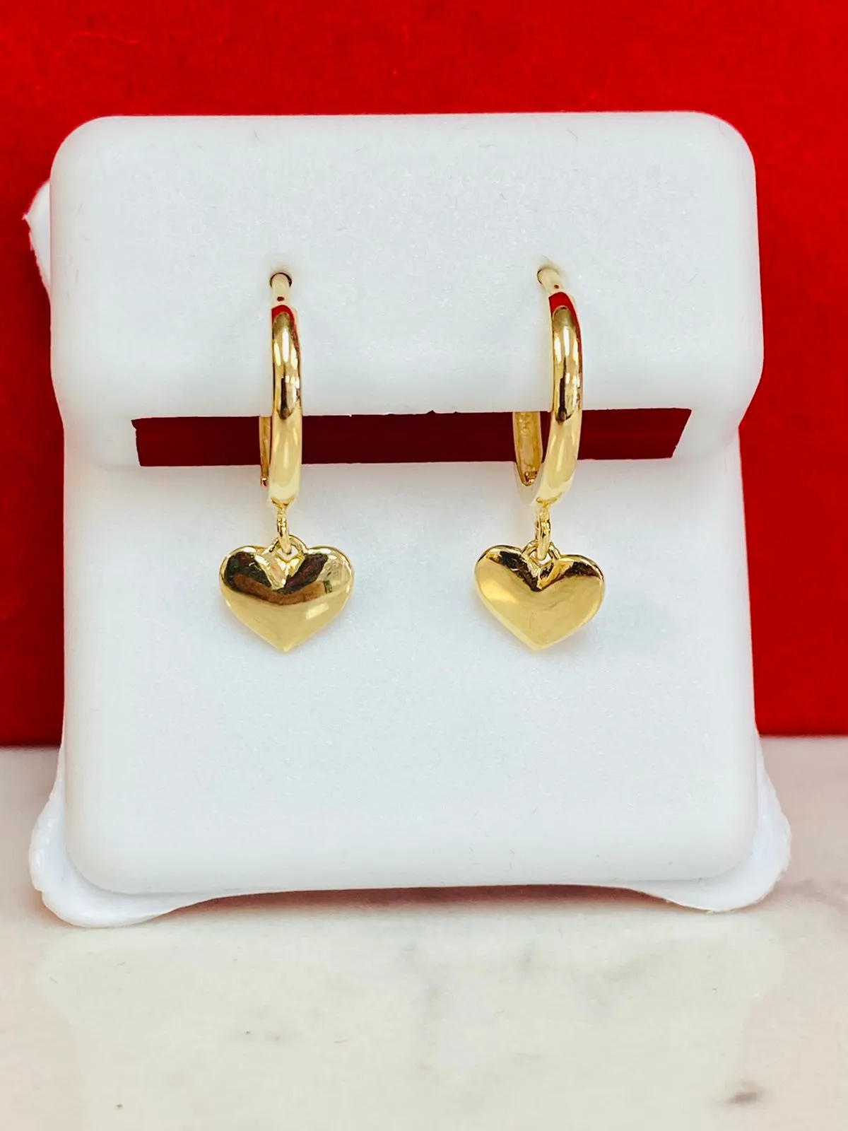 14K Yellow Solid Gold Dangle Puffed Heart Huggies Earrings 6x6.6mm Womens Girls Babies