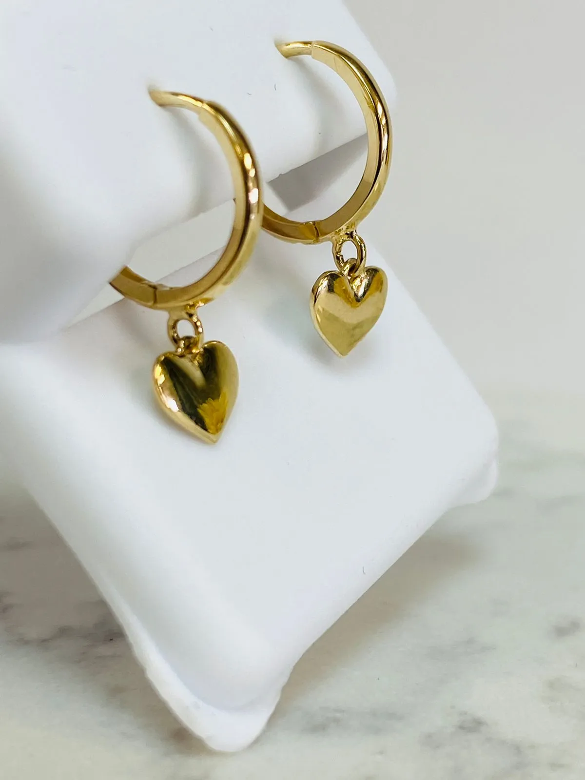 14K Yellow Solid Gold Dangle Puffed Heart Huggies Earrings 6x6.6mm Womens Girls Babies