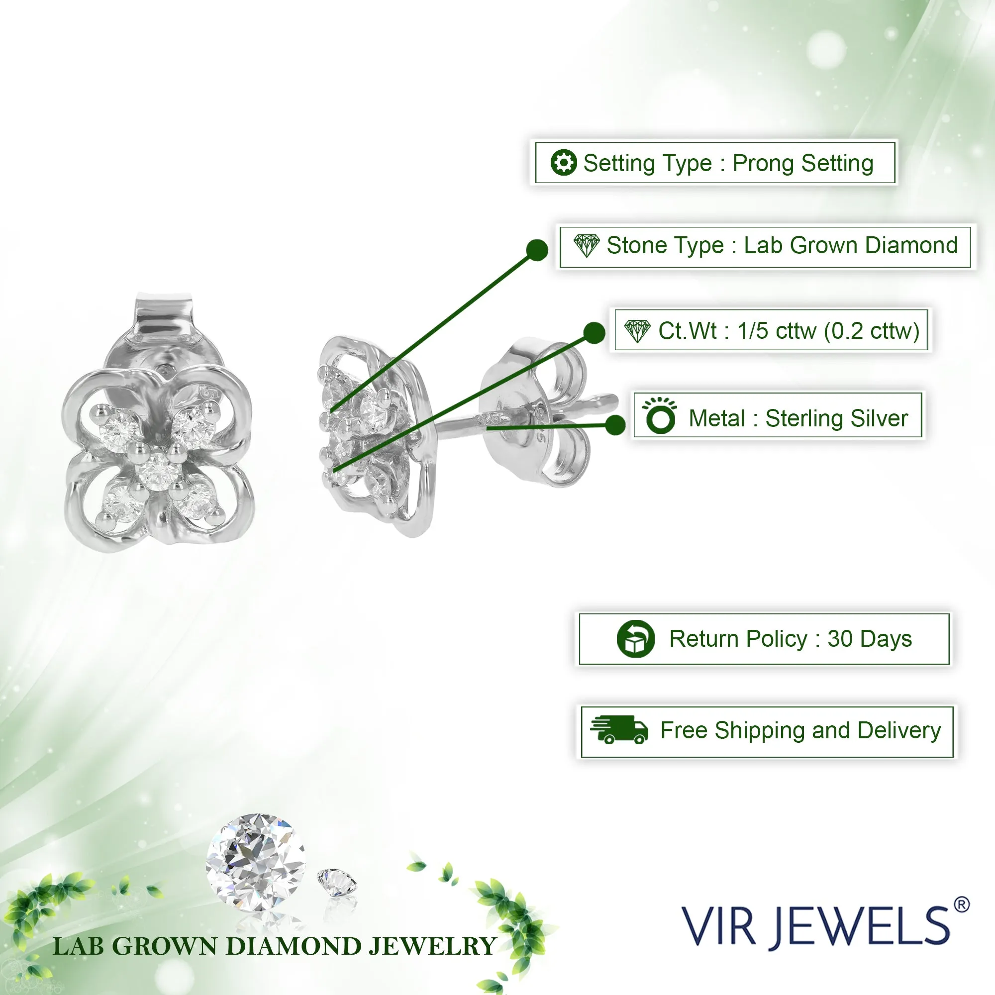 1/5 cttw Round Cut Lab Grown Diamond Stud Earrings .925 Sterling Silver Prong Set on Flower Design