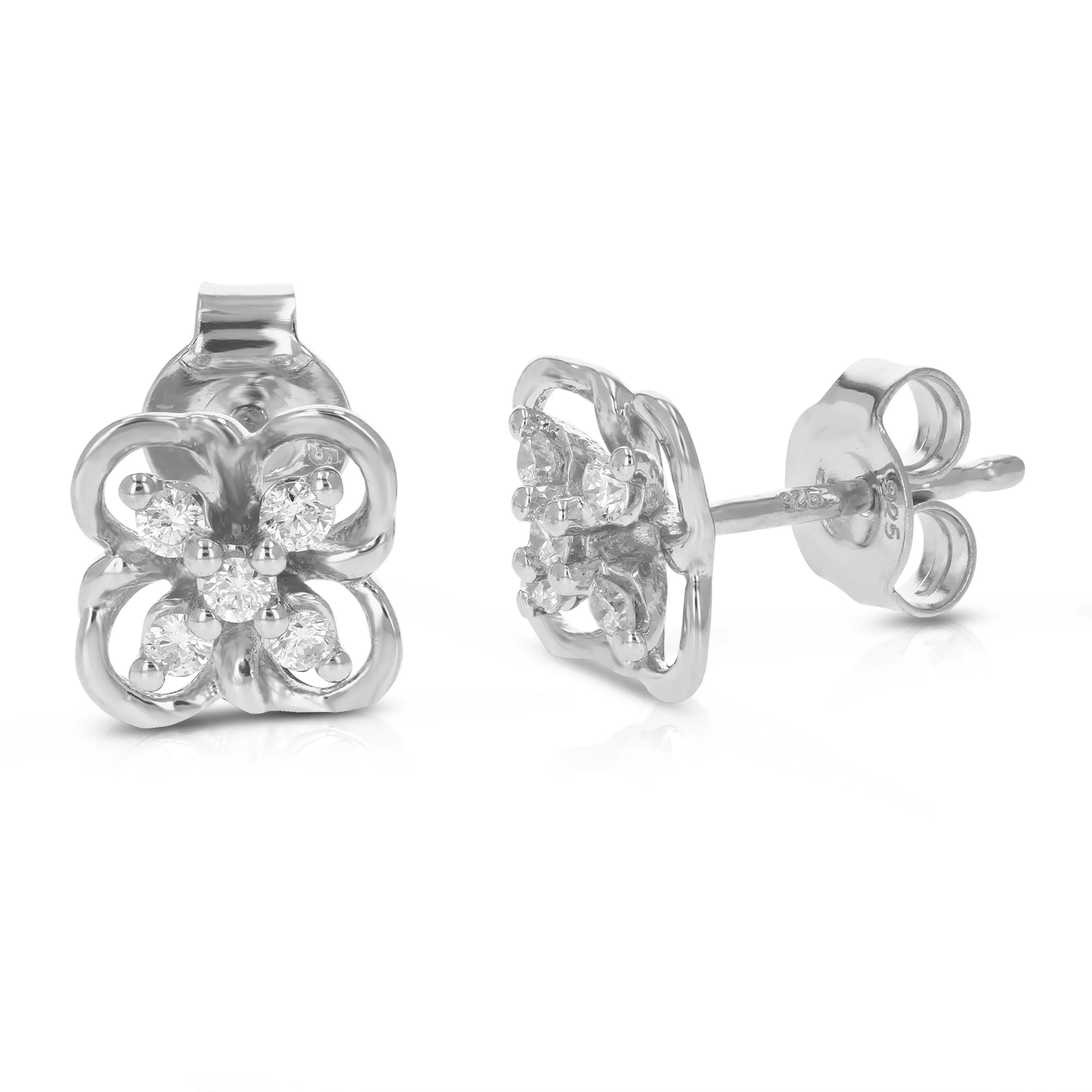 1/5 cttw Round Cut Lab Grown Diamond Stud Earrings .925 Sterling Silver Prong Set on Flower Design