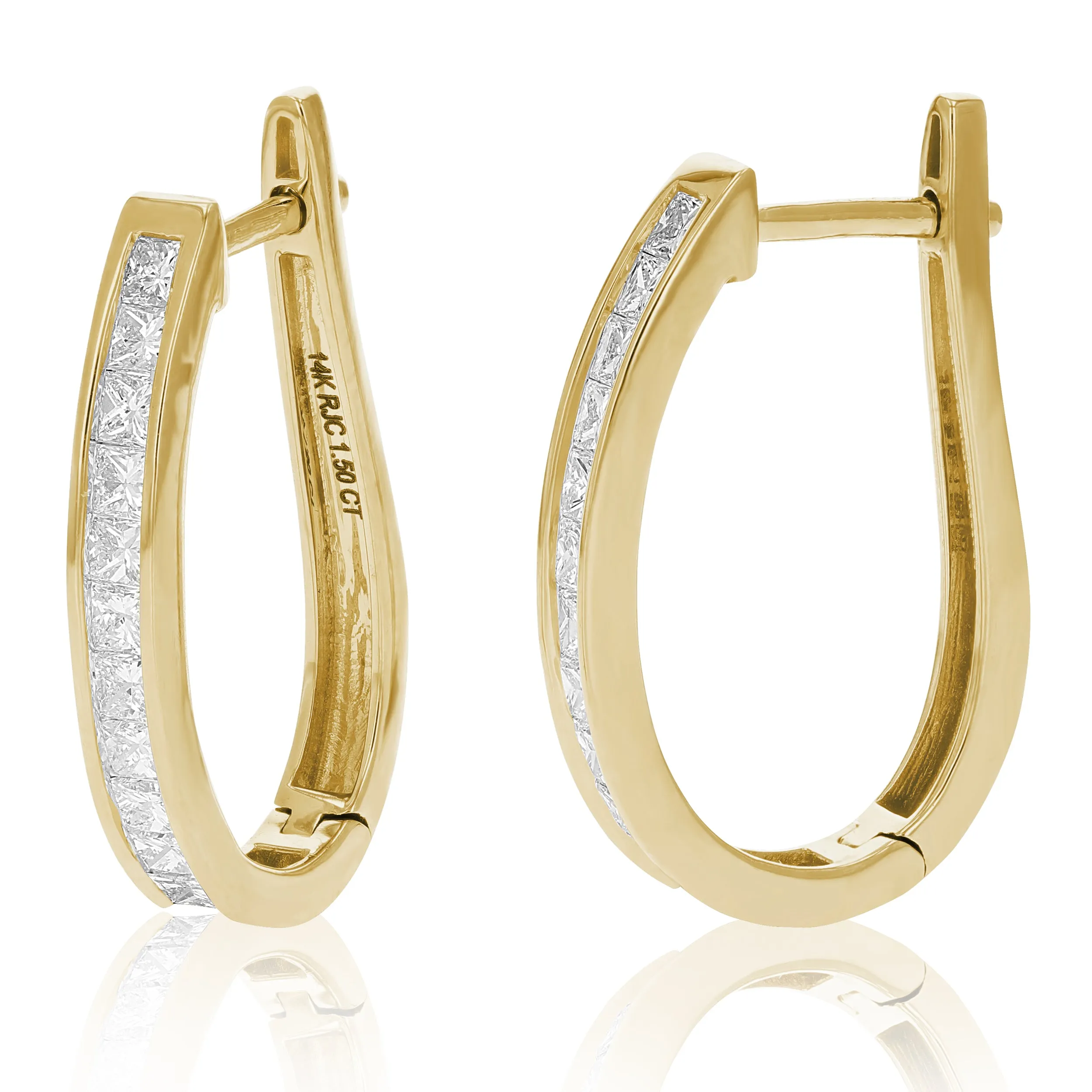 1.50 cttw Princess Cut Diamond Hoop Earrings 14K Yellow Gold Channel Set 1 Inch