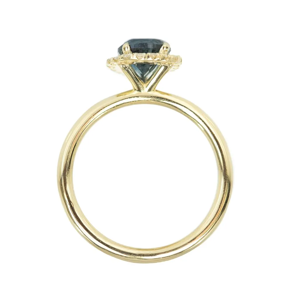 1.54ct Montana Pear Sapphire and Diamond Halo Ring in 14k Yellow Gold