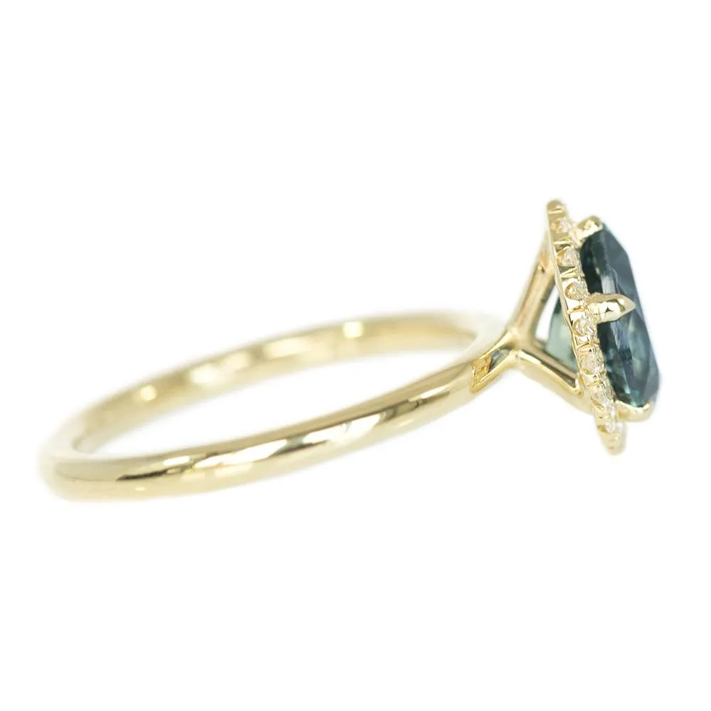 1.54ct Montana Pear Sapphire and Diamond Halo Ring in 14k Yellow Gold