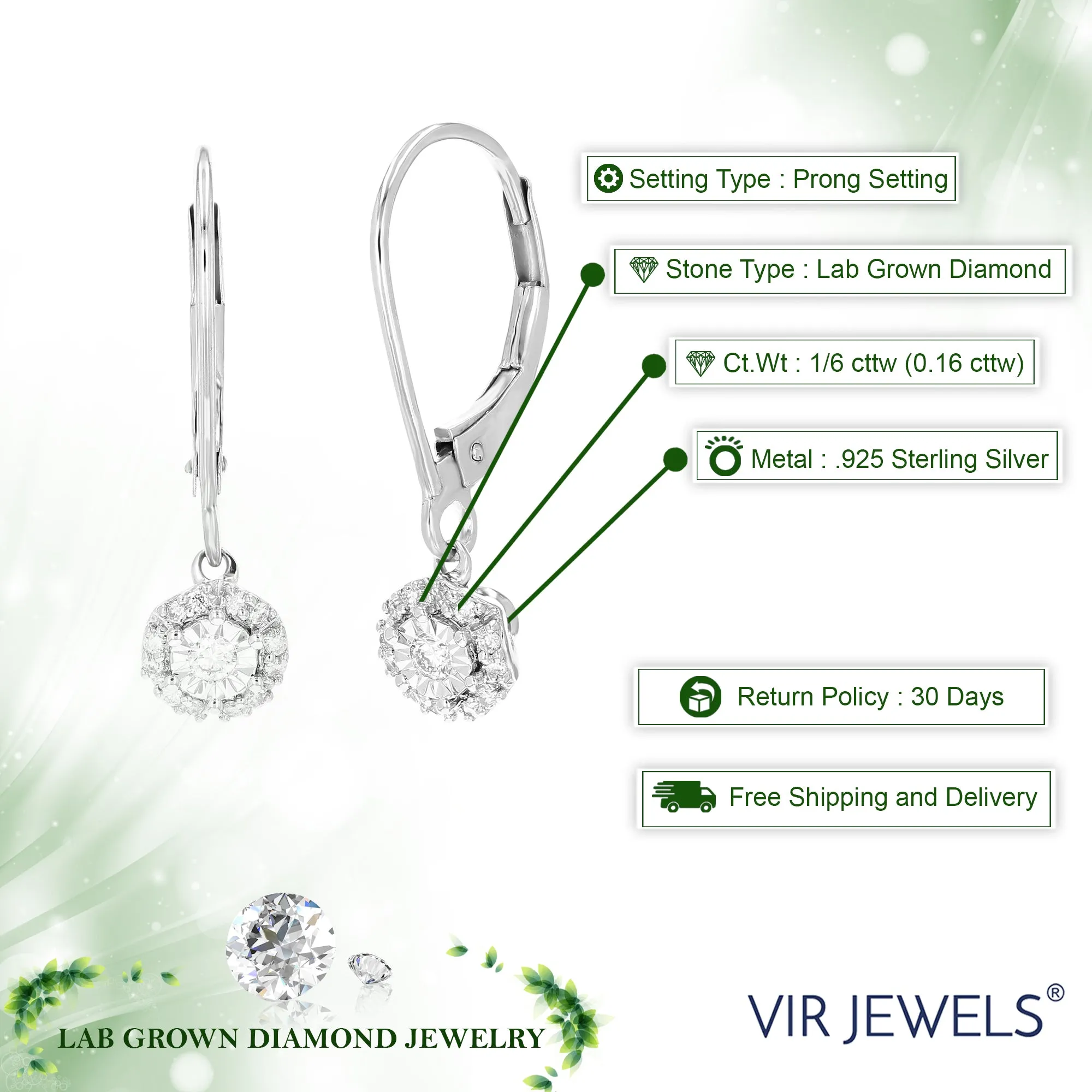 1/6 cttw 26 Stones Round Lab Grown Diamond Dangle Earrings .925 Sterling Silver Prong Set 3/4 Inch