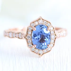 1.73 Ct Ceylon Blue Sapphire Ring in 14k Rose Gold Vintage Floral Diamond, Size 6.25