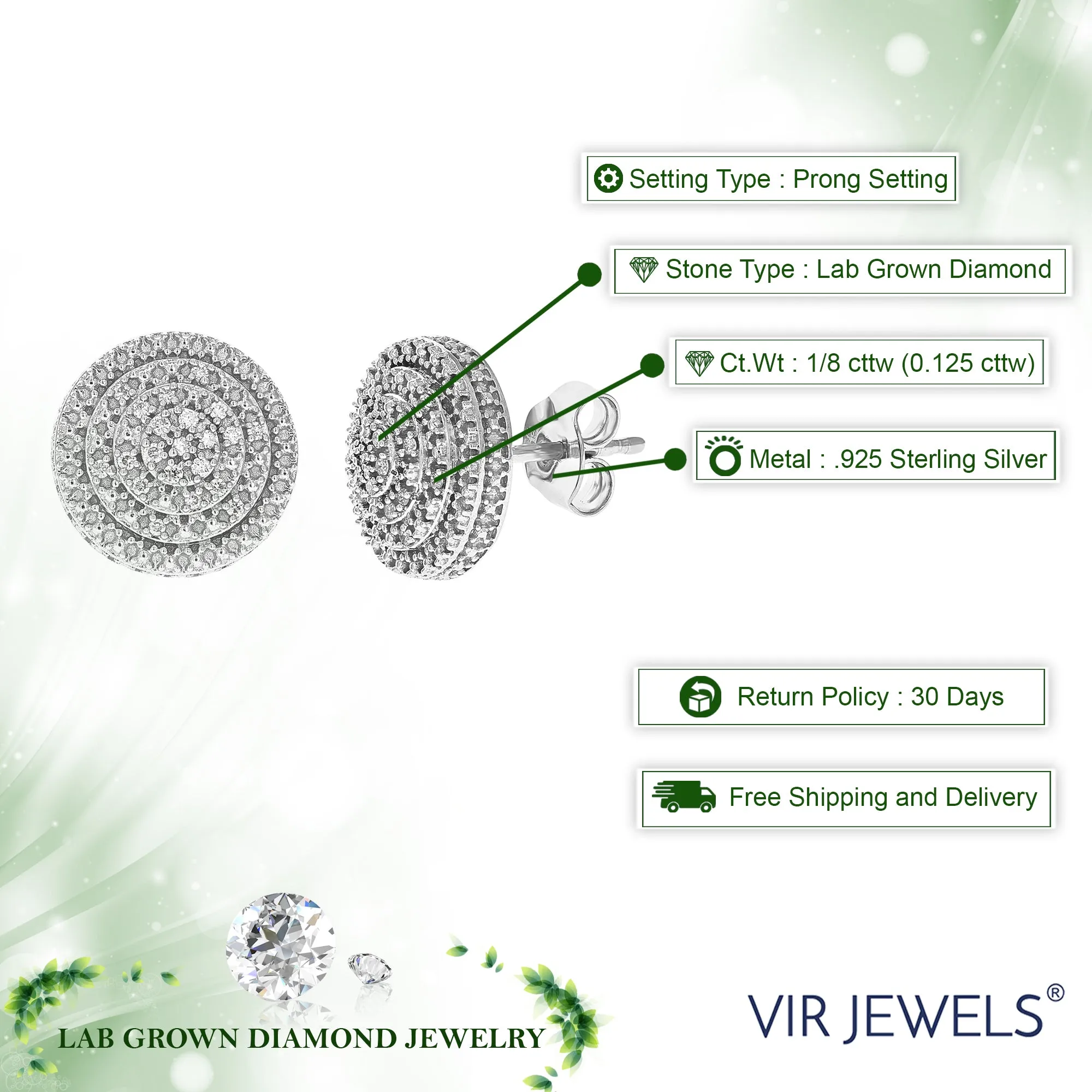 1/8 cttw 42 Stones Round Lab Grown Diamond Studs Earrings .925 Sterling Silver Prong Set Round Shape