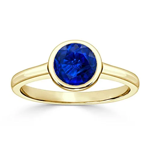 18K Yellow Gold Round-Cut Blue Sapphire Gemstone Solitaire Engagement Ring Bezel (1/3 cttw) Size 9