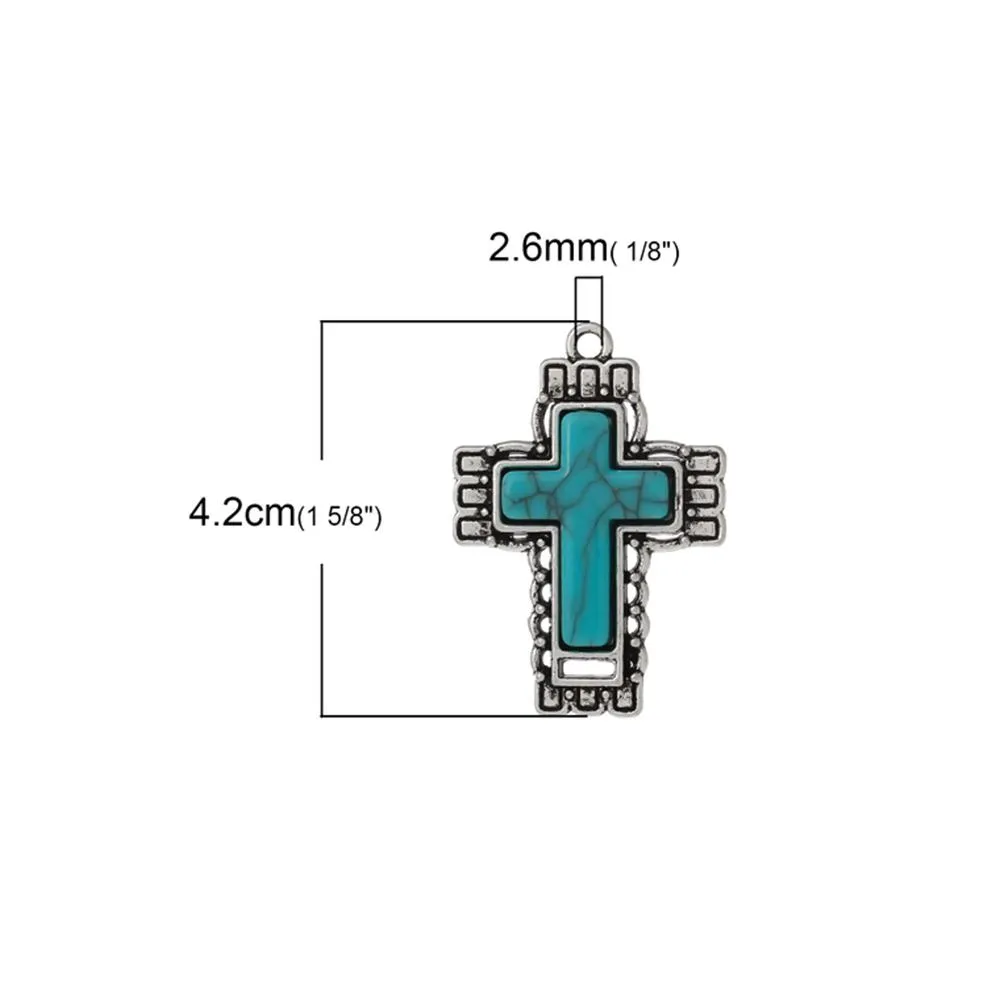 2 Pcs Tibetan Silver EASTER CROSS BLUE IMITATED TURQUOISE 42mm x 29mm Charms Pendants, Lead & Nickel Free Metal Charms Pendants Beads