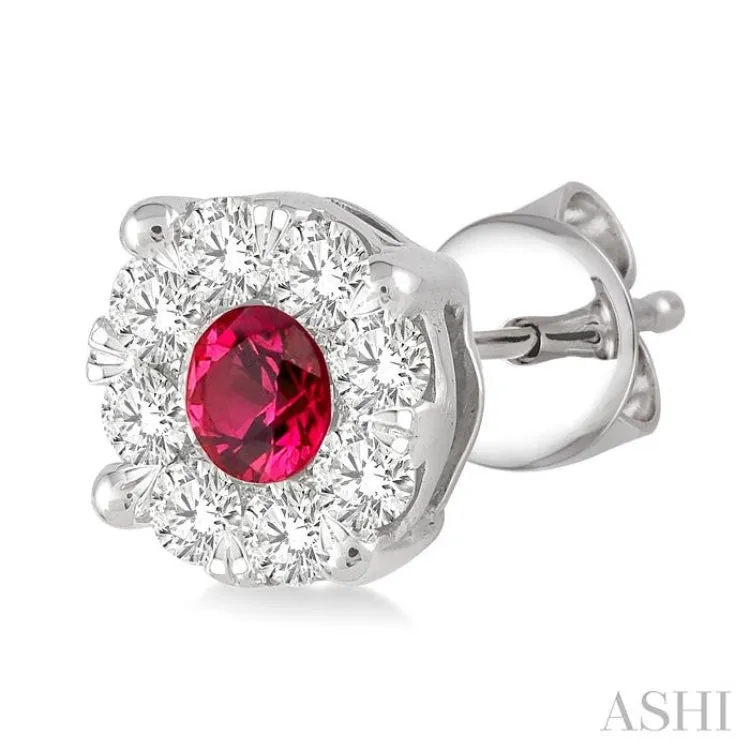 3.2 mm Round Cut Ruby and 1/2 Ctw Lovebright Diamond Earrings in 14K White Gold