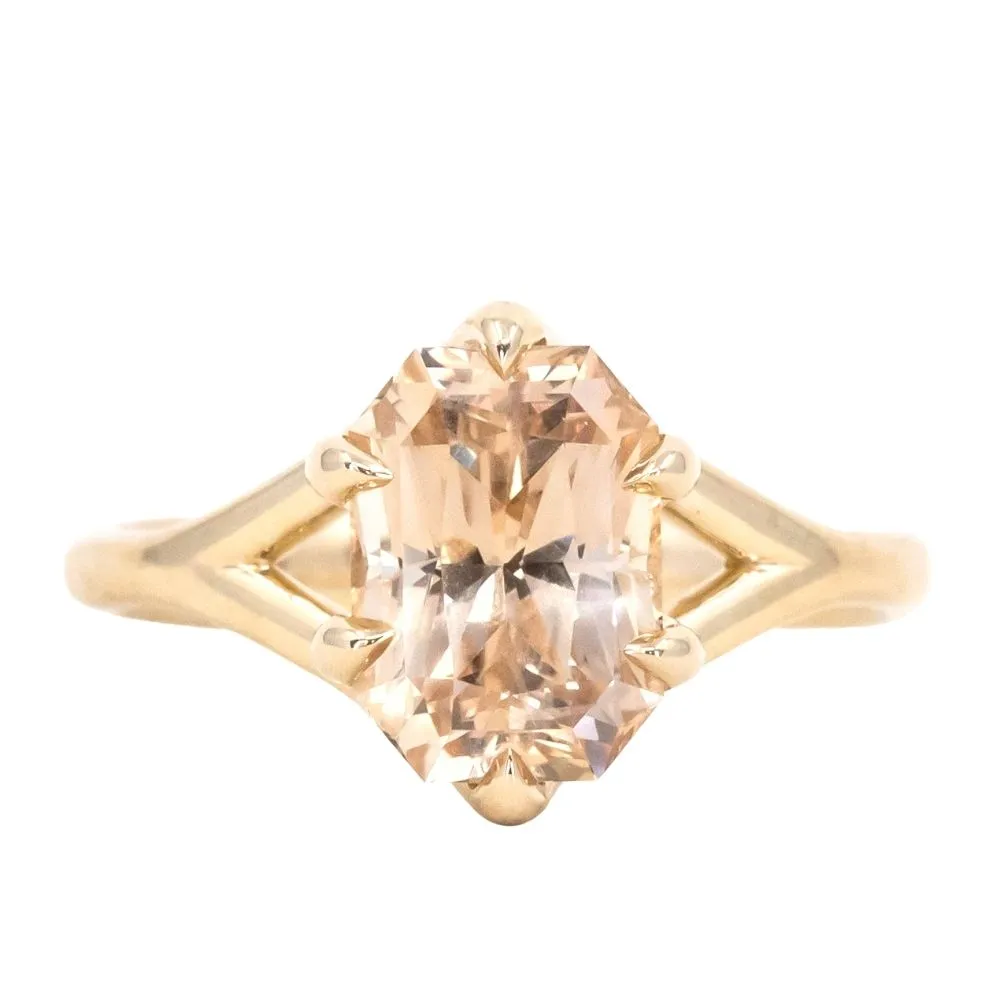 3.52ct Radiant Cut Peach Sapphire Six Prong Split Shank Solitaire in 14k Yellow Gold