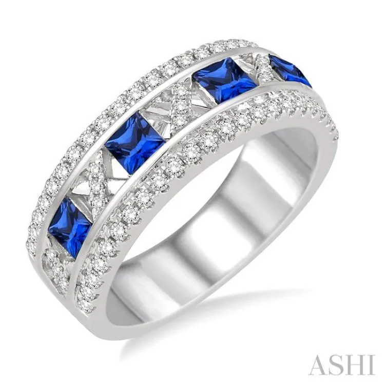 3x3 MM Princess Cut Sapphire and 3/8 Ctw Round Cut Diamond Precious Ring in 14K White Gold