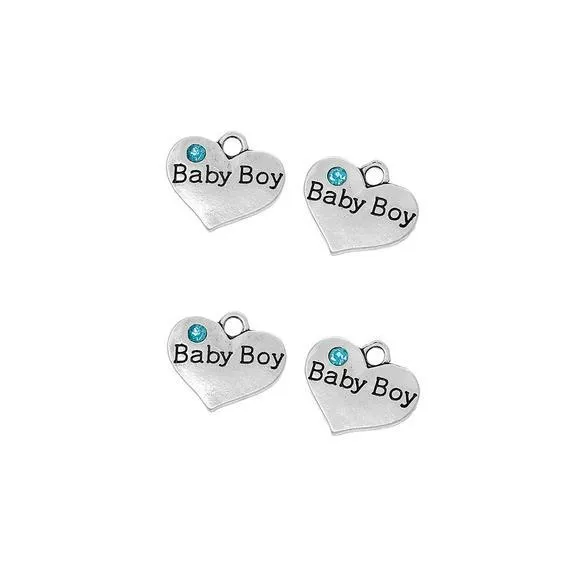 5 Pcs Tibetan Silver and Blue Rhinestone Baby Boy Heart 14X16mm 3D Charms Pendants