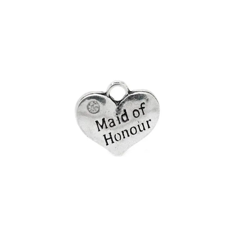 5 Pcs Tibetan Silver and Rhinestone Maid Of Honour Heart Wedding 14X16mm Charms Pendants