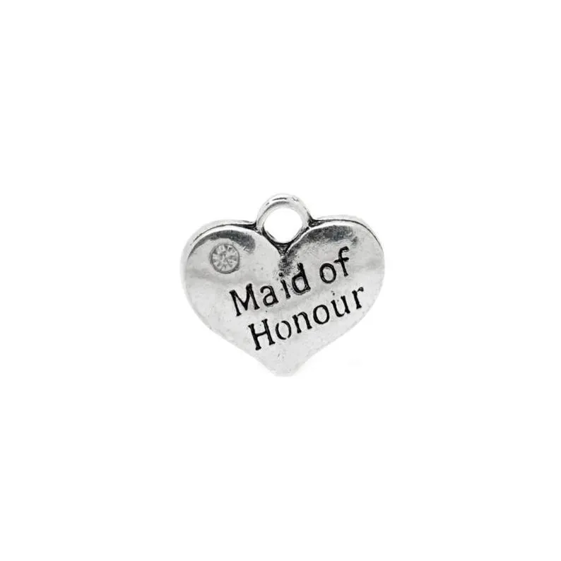 5 Pcs Tibetan Silver and Rhinestone Maid Of Honour Heart Wedding 14X16mm Charms Pendants