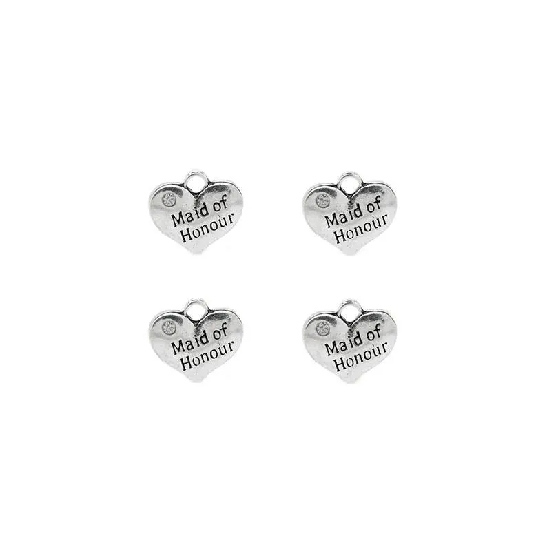 5 Pcs Tibetan Silver and Rhinestone Maid Of Honour Heart Wedding 14X16mm Charms Pendants