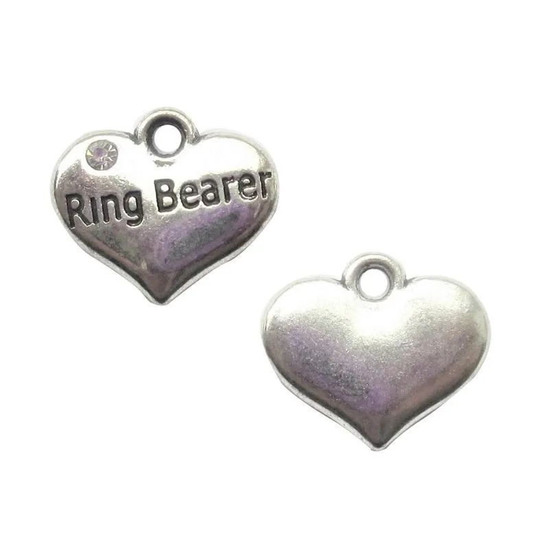 5 Pcs Tibetan Silver and Rhinestone Ring Bearer Heart 14X16mm 3D Charms Pendants