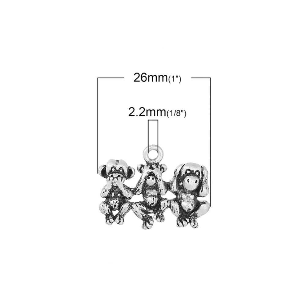 5 Pcs Tibetan Silver THREE LITTE MONKEYS 26mm x 19mm Charms Pendants, Lead & Nickel Free Metal Charms Pendants Beads