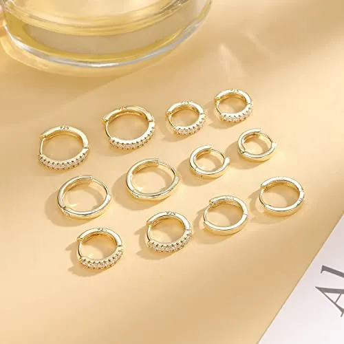 6 Pairs Gold Huggie Hoop Earrings Sterling Silver Hypoallergenic 8/10/12mm Hoop Earrings Set for Women/Men