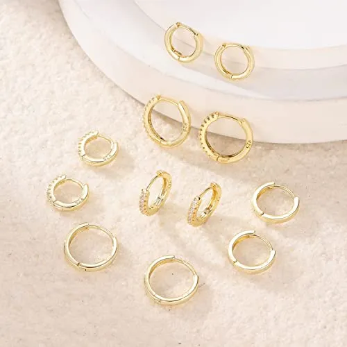 6 Pairs Gold Huggie Hoop Earrings Sterling Silver Hypoallergenic 8/10/12mm Hoop Earrings Set for Women/Men