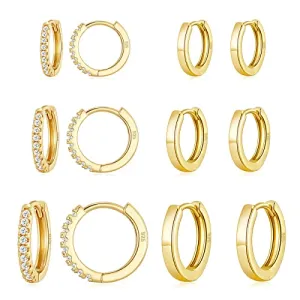 6 Pairs Gold Huggie Hoop Earrings Sterling Silver Hypoallergenic 8/10/12mm Hoop Earrings Set for Women/Men