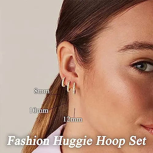 6 Pairs Gold Huggie Hoop Earrings Sterling Silver Hypoallergenic 8/10/12mm Hoop Earrings Set for Women/Men