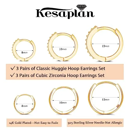 6 Pairs Gold Huggie Hoop Earrings Sterling Silver Hypoallergenic 8/10/12mm Hoop Earrings Set for Women/Men