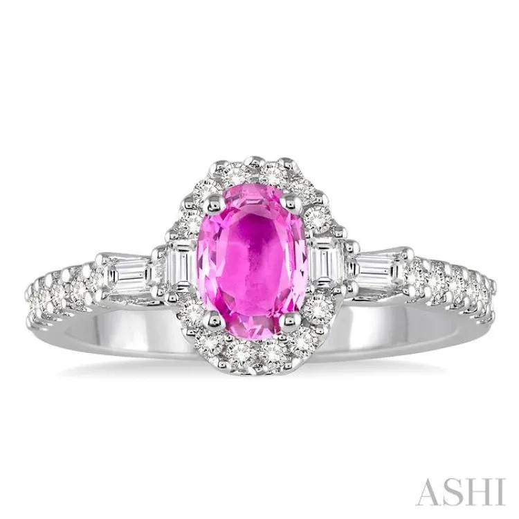 6x4 MM Oval Shape Pink Sapphire and 3/8 Ctw Diamond Ring in 14K White Gold