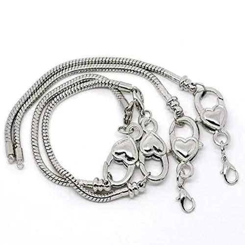 7.0" Heart Lobster Clasp Charm Bracelet Silver Tone for European Charms