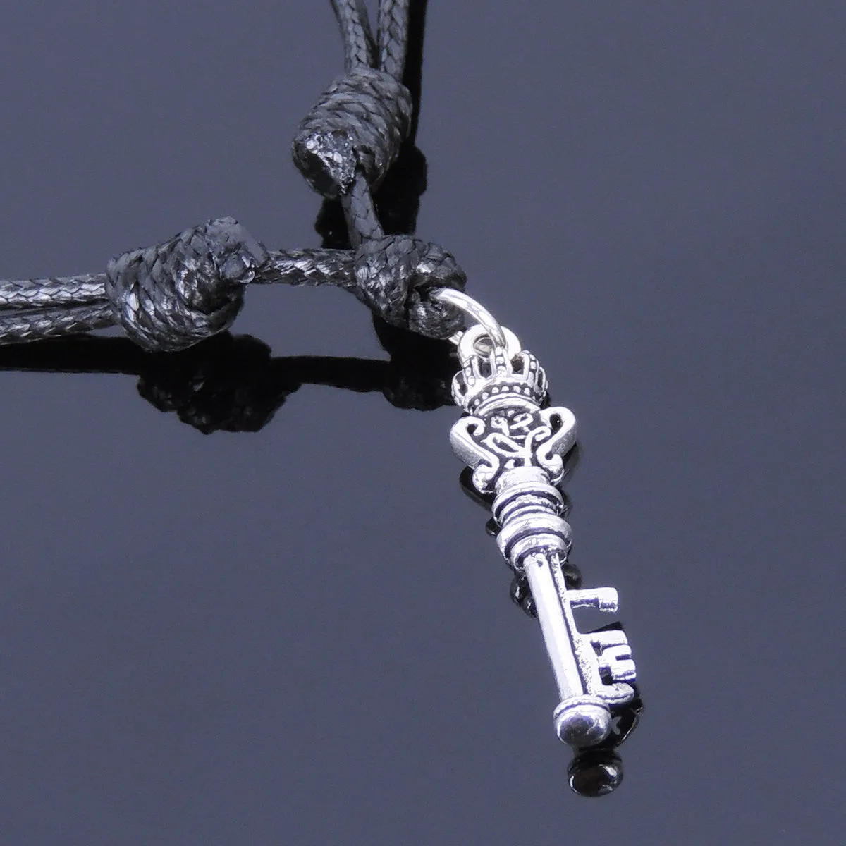 925 Sterling Silver Celtic Crown Key Pendant Handmade Adjustable Wax Rope Necklace Men Women DiyNotion NK013