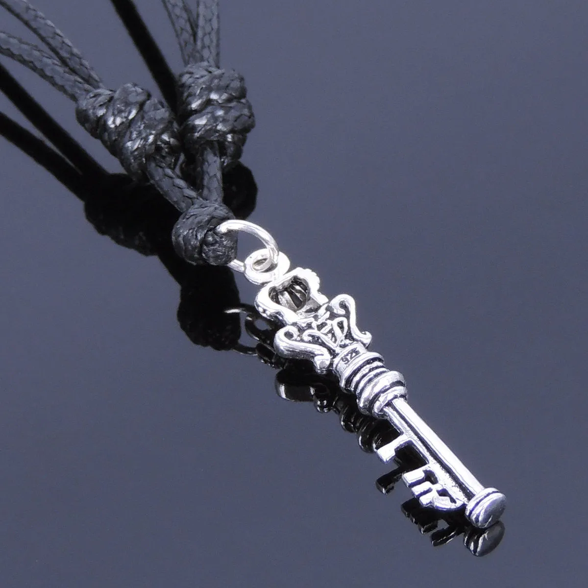 925 Sterling Silver Celtic Crown Key Pendant Handmade Adjustable Wax Rope Necklace Men Women DiyNotion NK013