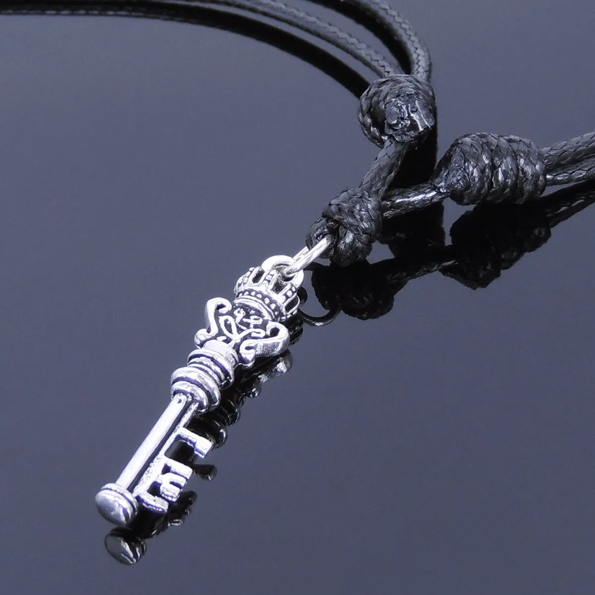 925 Sterling Silver Celtic Crown Key Pendant Handmade Adjustable Wax Rope Necklace Men Women DiyNotion NK013