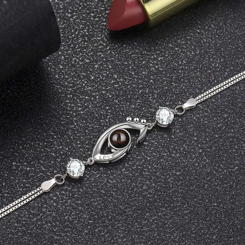 925 Sterling Silver LOVE Eye with Diamonds Felicity Bracelet with Picture Inside