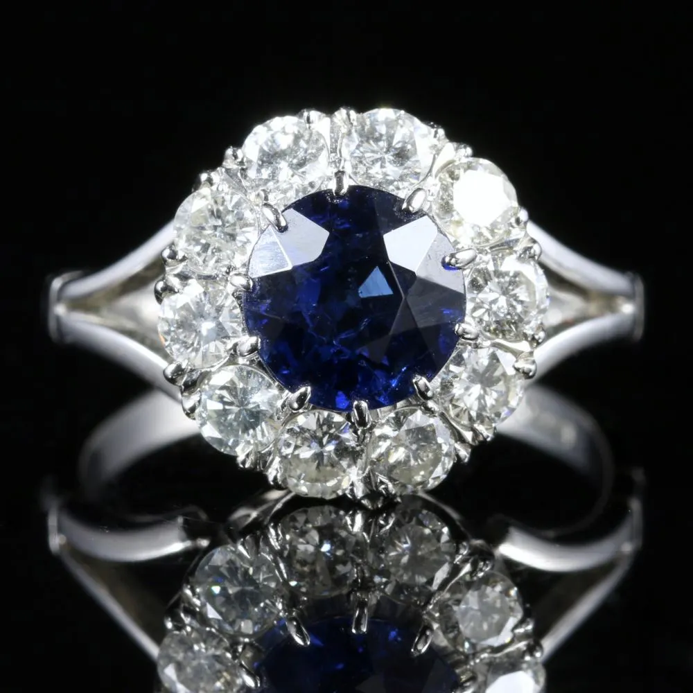 Antique Edwardian Sapphire Diamond Cluster Ring Engagement 18Ct White Gold