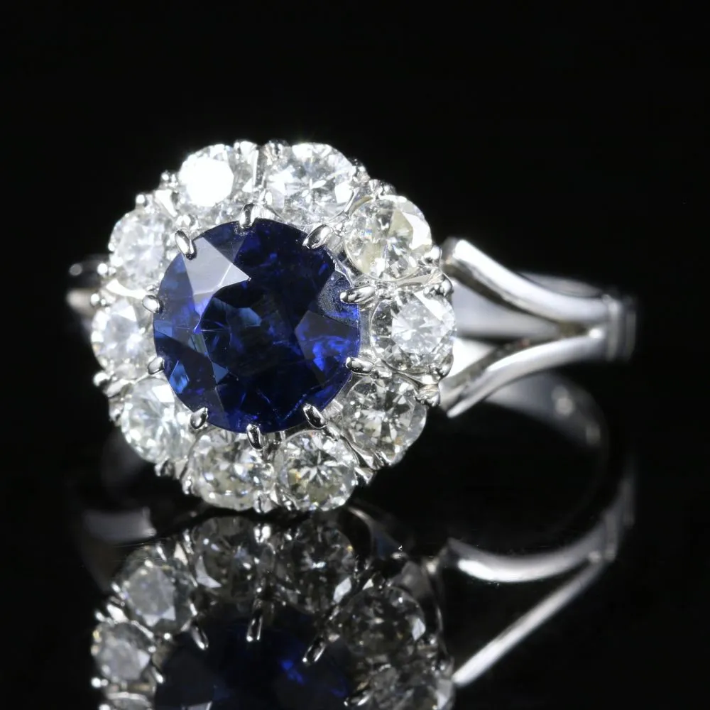 Antique Edwardian Sapphire Diamond Cluster Ring Engagement 18Ct White Gold