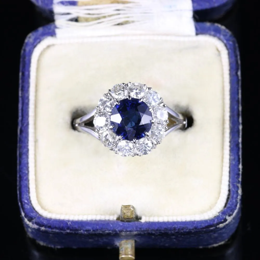 Antique Edwardian Sapphire Diamond Cluster Ring Engagement 18Ct White Gold