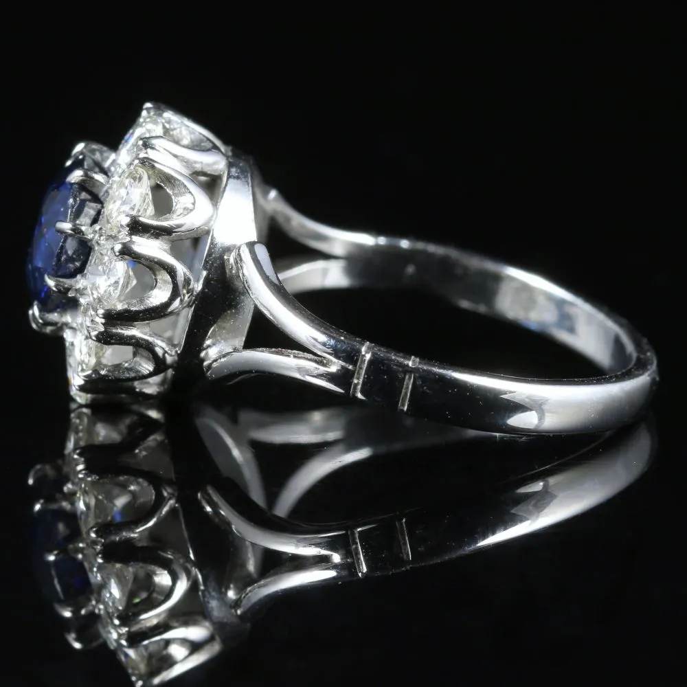 Antique Edwardian Sapphire Diamond Cluster Ring Engagement 18Ct White Gold