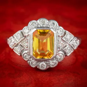 Art Deco Style Yellow Sapphire Diamond Ring 1.2ct Sapphire