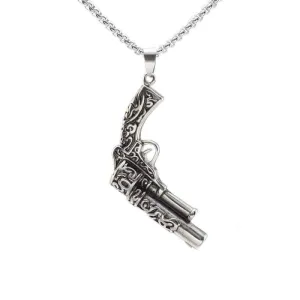 Black Enamel Silver Tone Stainless Steel Gun Pistol Pendant Necklace