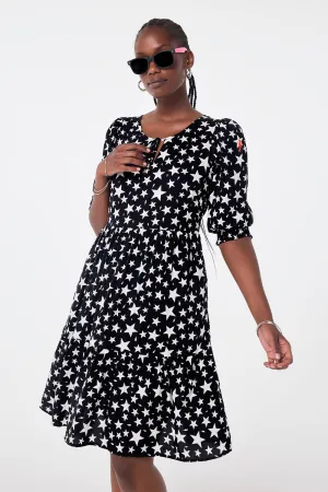 Black with White Star Tie Front Short Dress