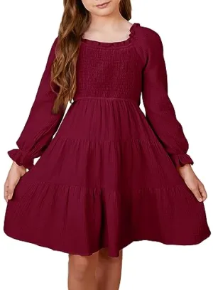 blibean Girls Long Sleeve Ruffle Dresses Tween Fall Cotton Boho Tiered Square Neck Dress Big Kid Semi Formal Solid Fancy Party Clothes Dance Vestidos Niñas Size 6-7 Year Old Burgundy Red